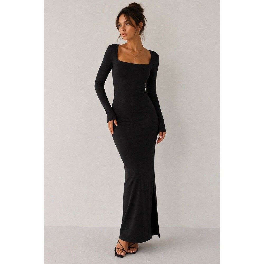 Wild Fable ButterBliss Black Maxi Dress XS Square Neck Long Sleeve Bodycon